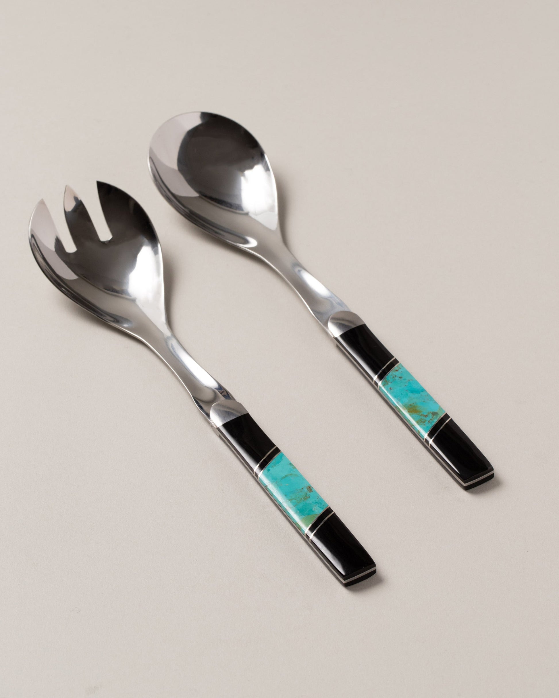 Santa Fe Stoneworks Jet and Turquoise Salad Serving Set on light color background.