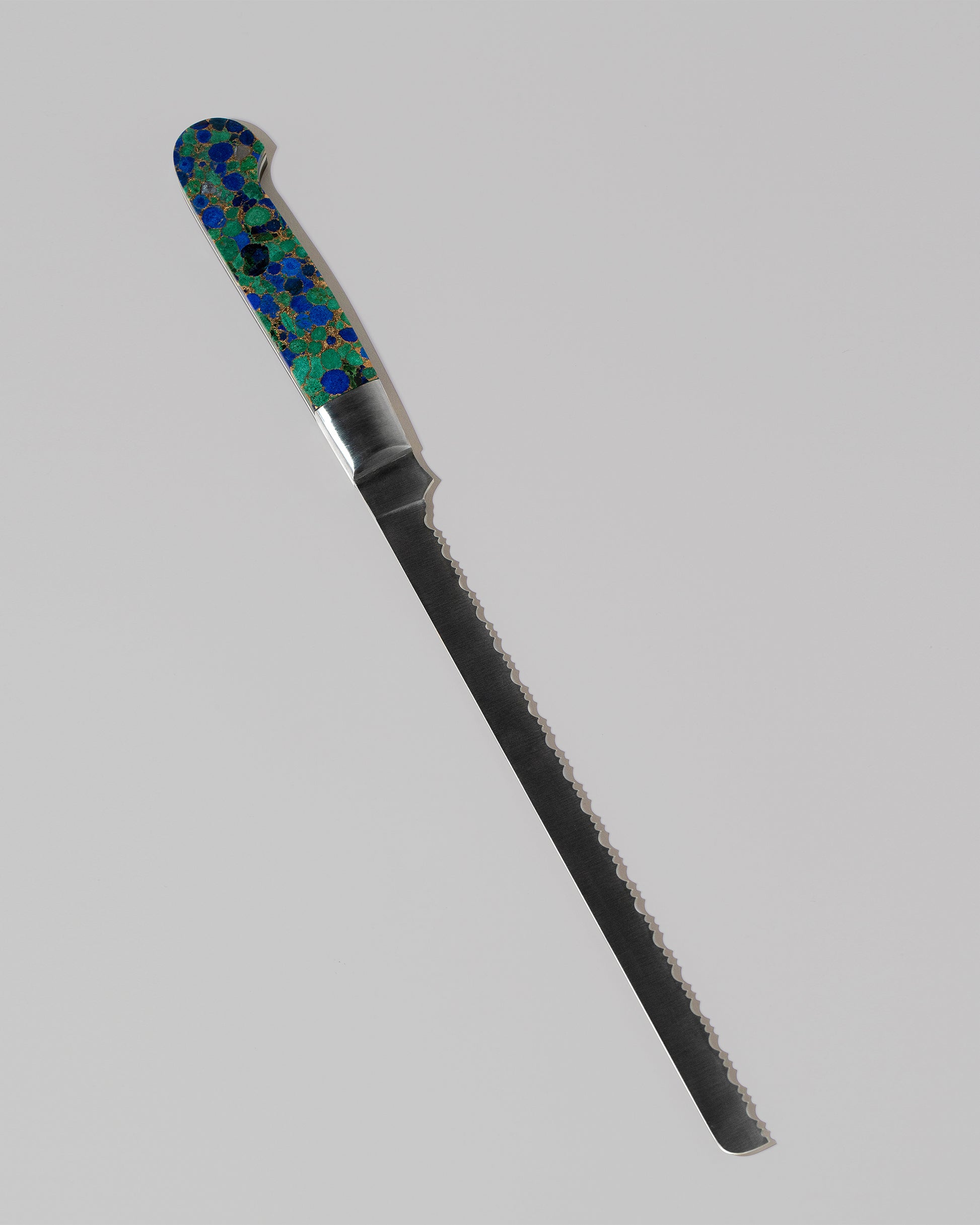 Santa Fe Stoneworks Azurite and Lapis Bread Knife on light color background.