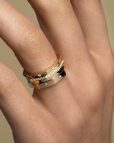 Gold 2mm Square Wire Band and Gold Segmented Half Hoop Bands on model.