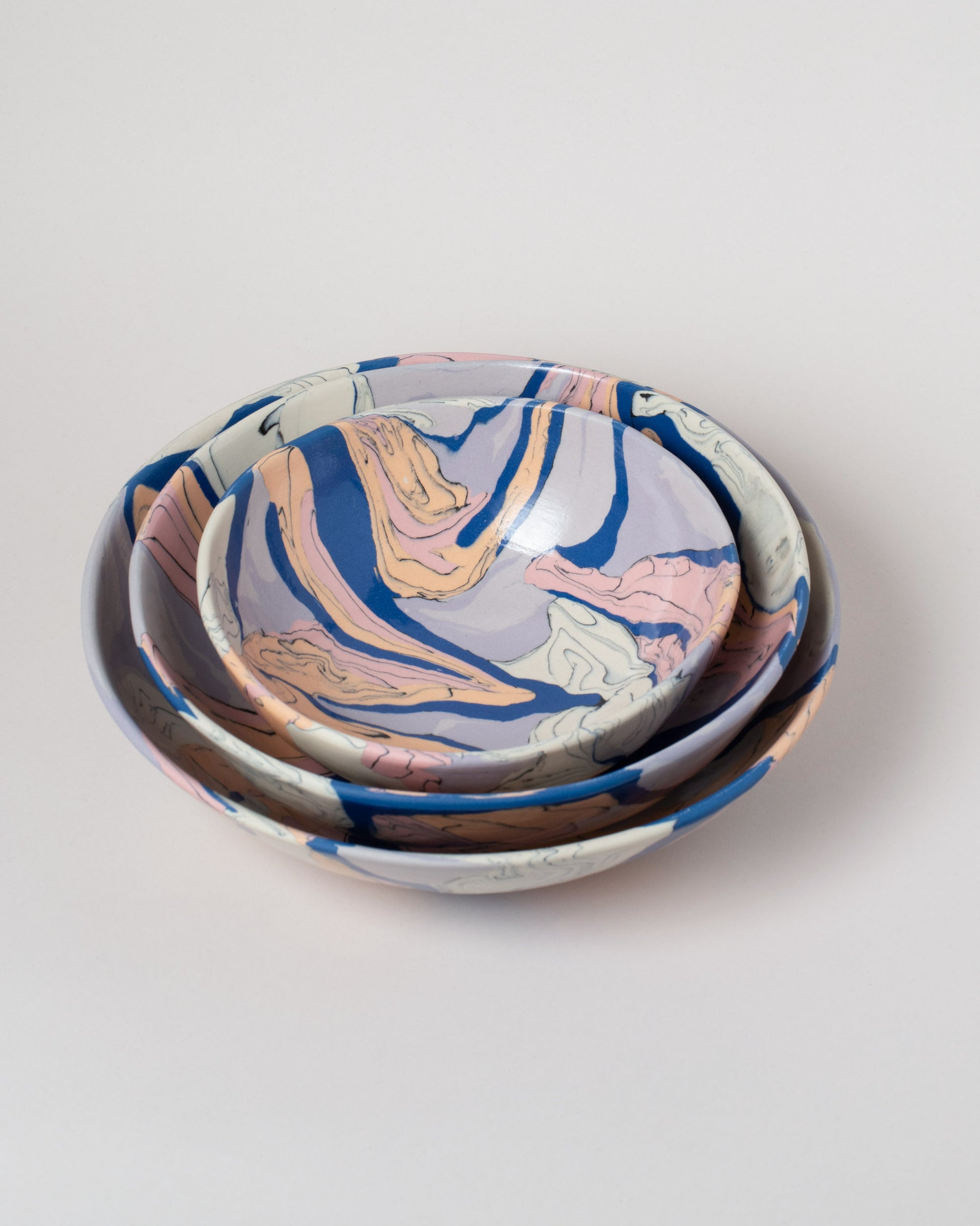 Slush Club Medium Nerikomi Bowls No. 103 on light color background.