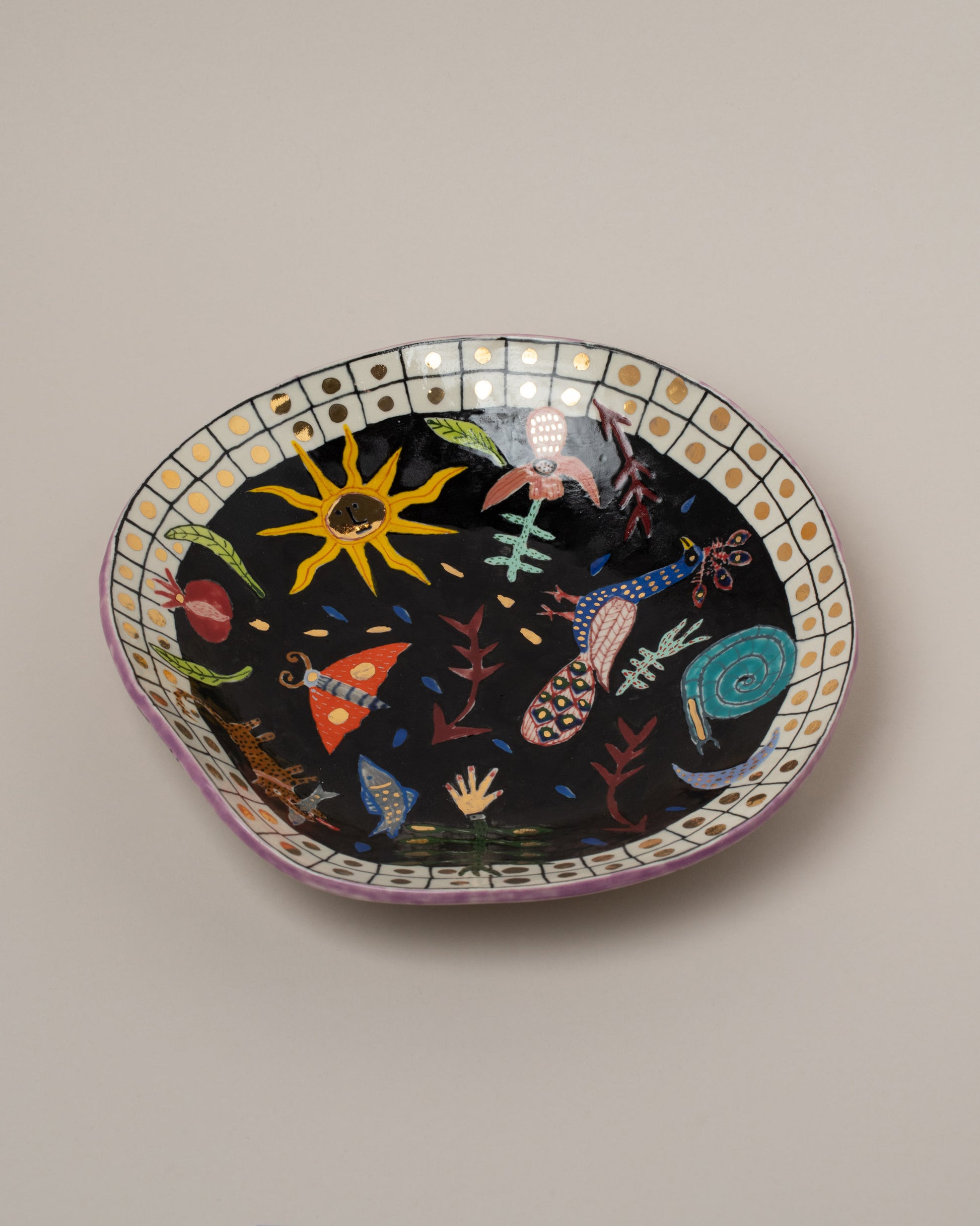 Suzanne Sullivan Two Saintly & Virtuous Pasta Bowl on light color background.