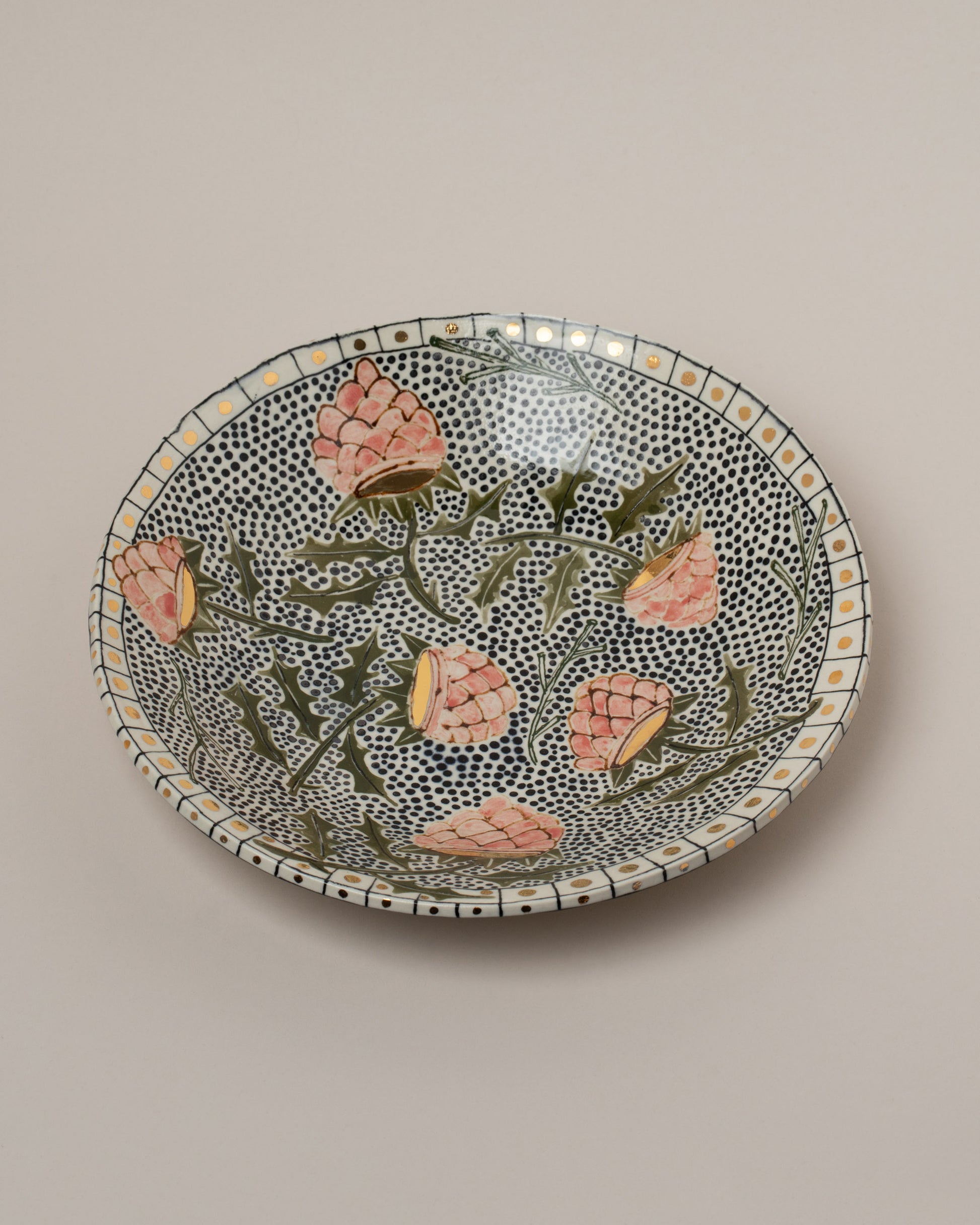 Suzanne Sullivan Three Saintly & Virtuous Pasta Bowl on light color background.