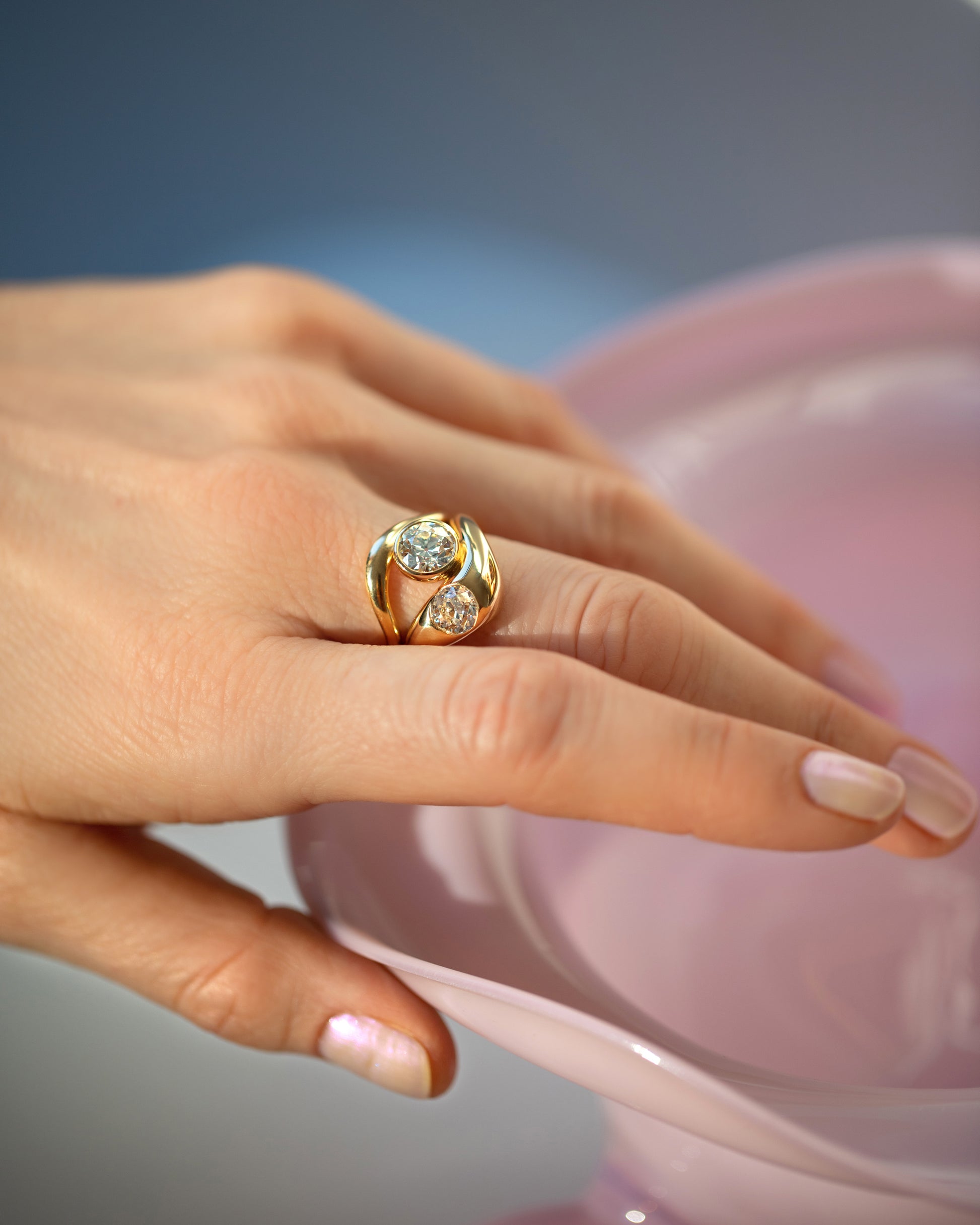 Diamond Two Ring with nesting band on model.