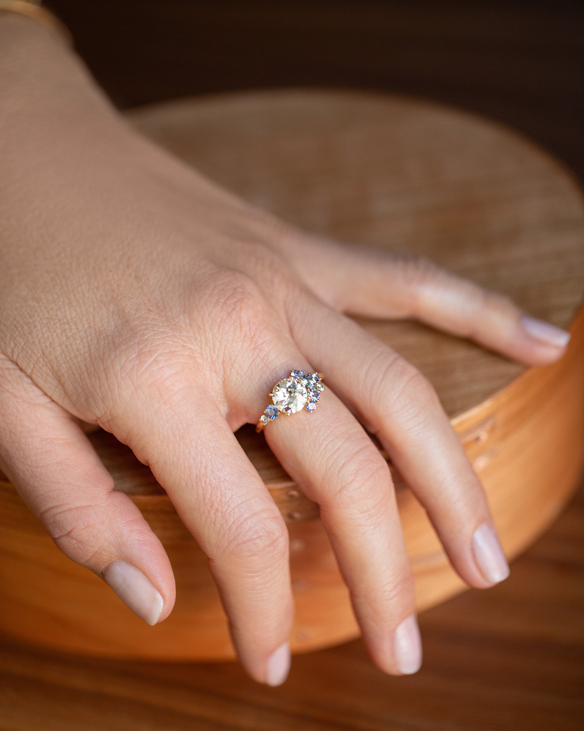 Diamond & Sapphire Vega Ring on model.