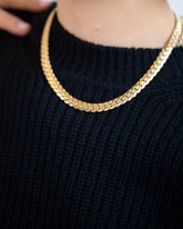 Vintage 18k Yellow Gold Cartier Flat Curb Chain Necklace on model.