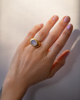 Vintage Moonstone Demeter Intaglio Ring on model.