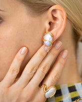 Weaver Earrings and Weaver Ring on model.