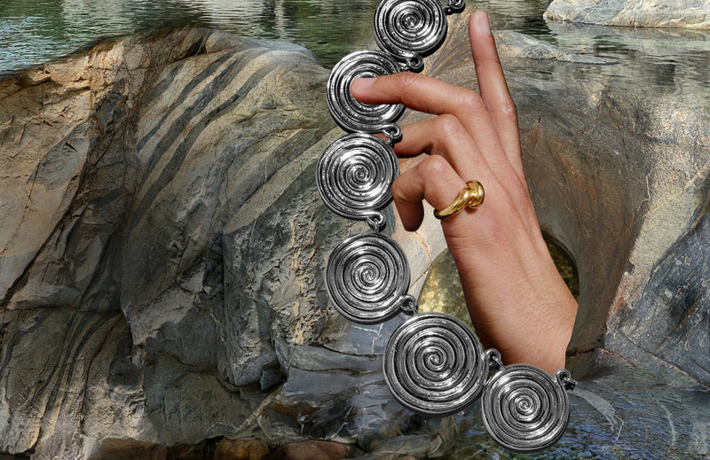 Collage image featuring a model's hand wearing CRZM by Mociun jewelry in a natural landscape
