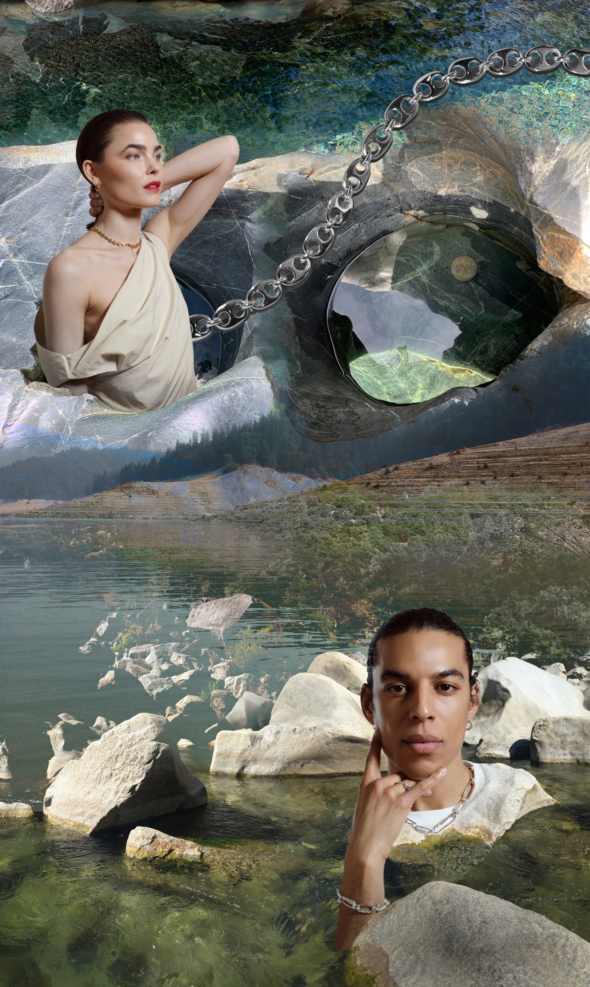 Collage image featuring models wearing CRZM by Mociun jewelry in a natural landscape