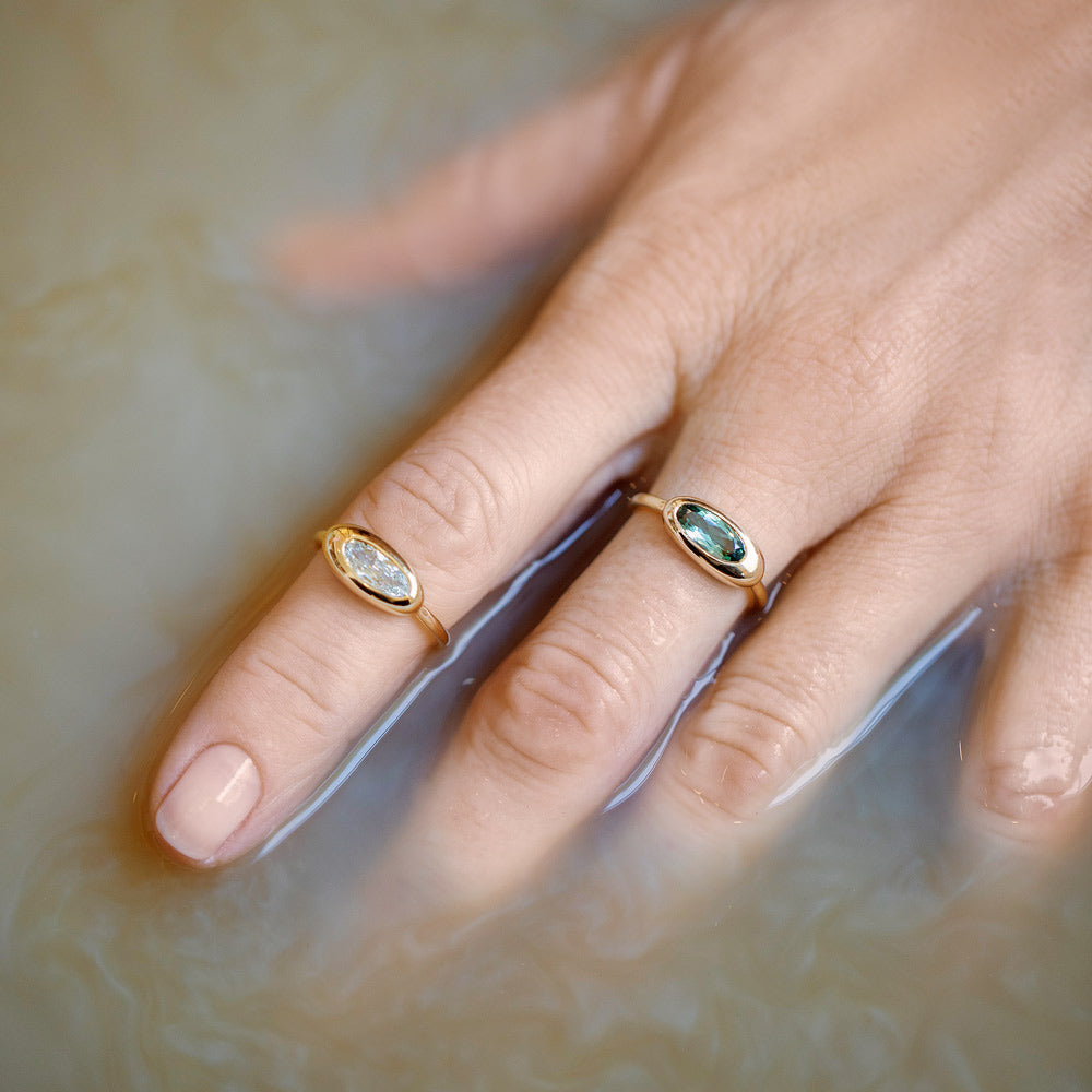 product_details::Diamond Equalize Ring and Tourmaline Equalize Ring on model.