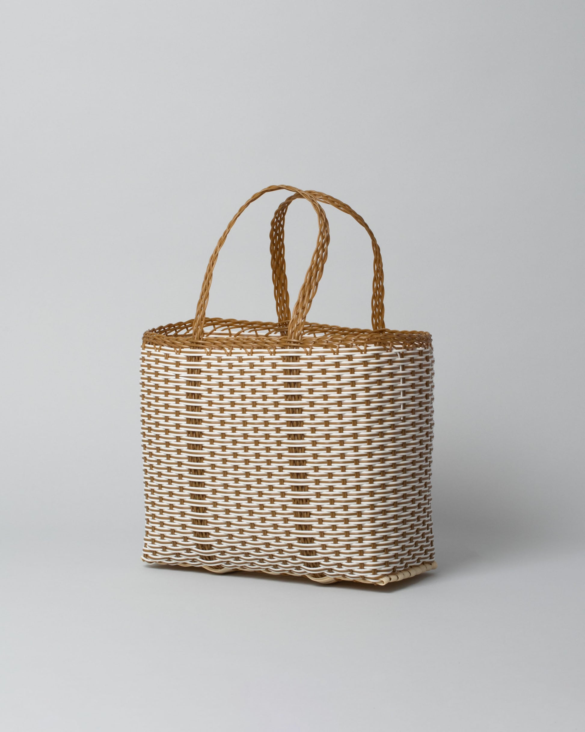 Palorosa Small White & Tobacco Bicolor Tote Basket Bag on light color background.