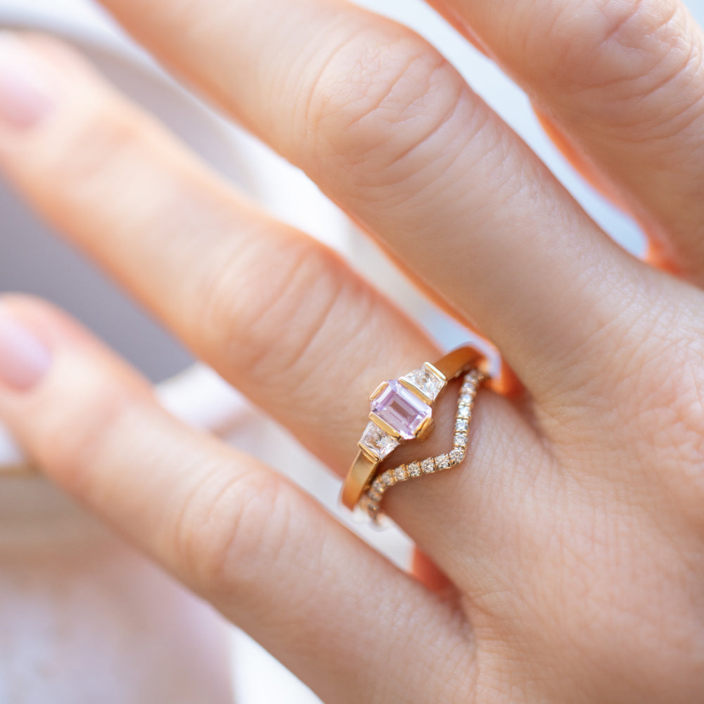 product_details::Gold White Diamond Pavé High Peak Band and Sweetheart Ring on model.