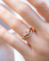 Gold White Diamond Pavé High Peak Band and Sweetheart Ring on model.