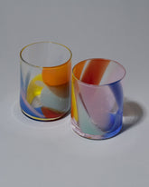 Group photo of Bow Glassworks Tutti Frutti Splash Cups on light color background.