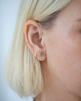 Petite Bicolor Green Sapphire Square Frame Stud Earring on model.