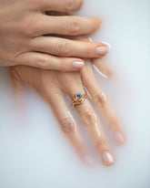 Blue Sapphire Level Ring on model.