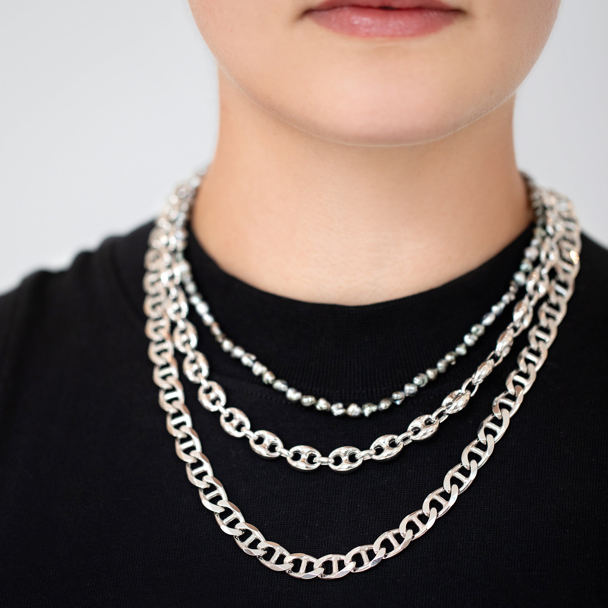product_details::Silver Mariner Chain on model.