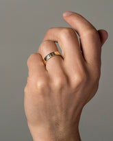 Yellow Gold 6mm Etched Lines Band on model.