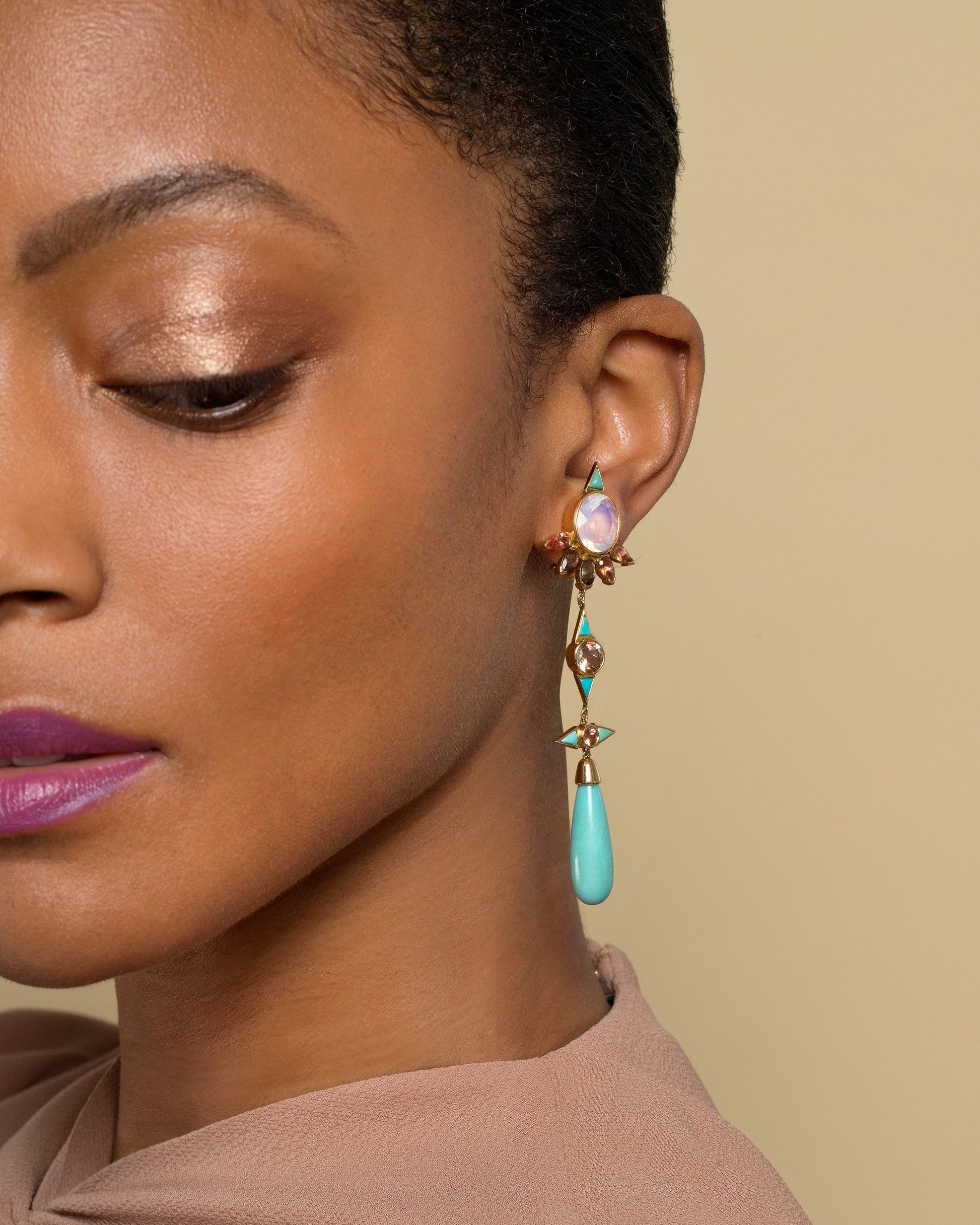 Opal, Sunstone & Turquoise Earrings on model.