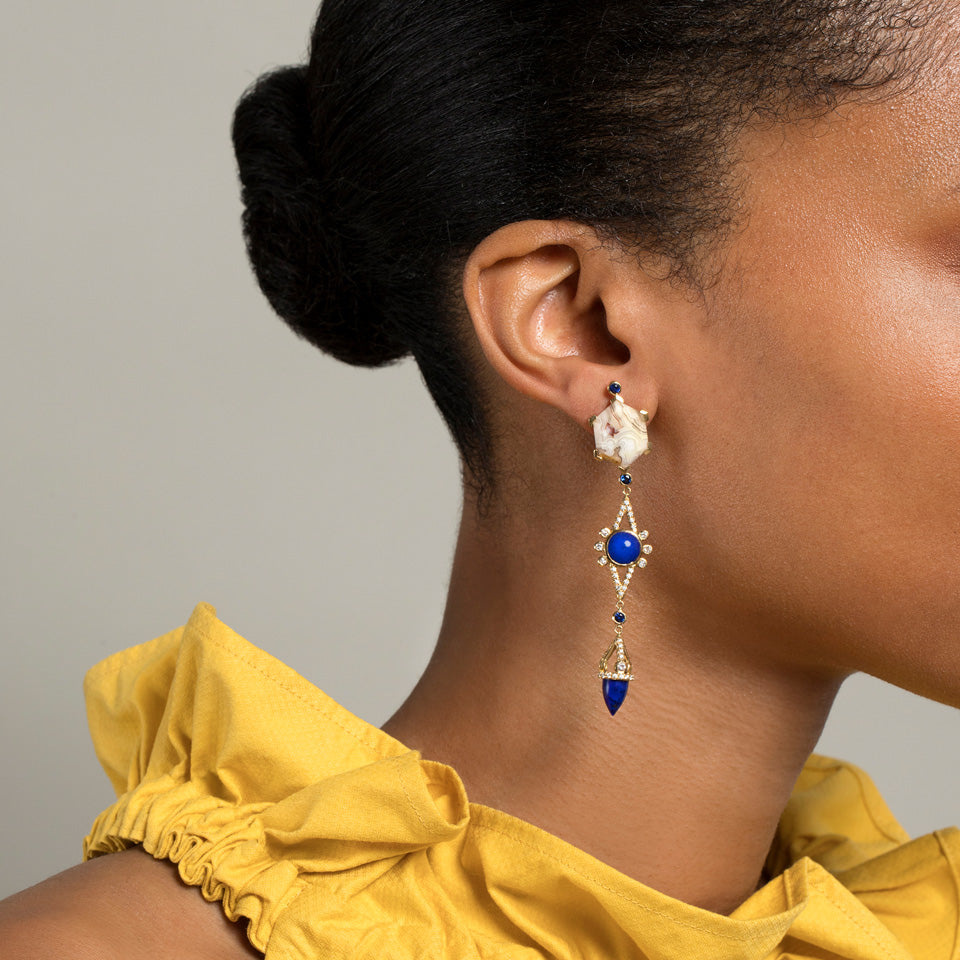 product_details::Agate & Lapis Drop Earrings on model.