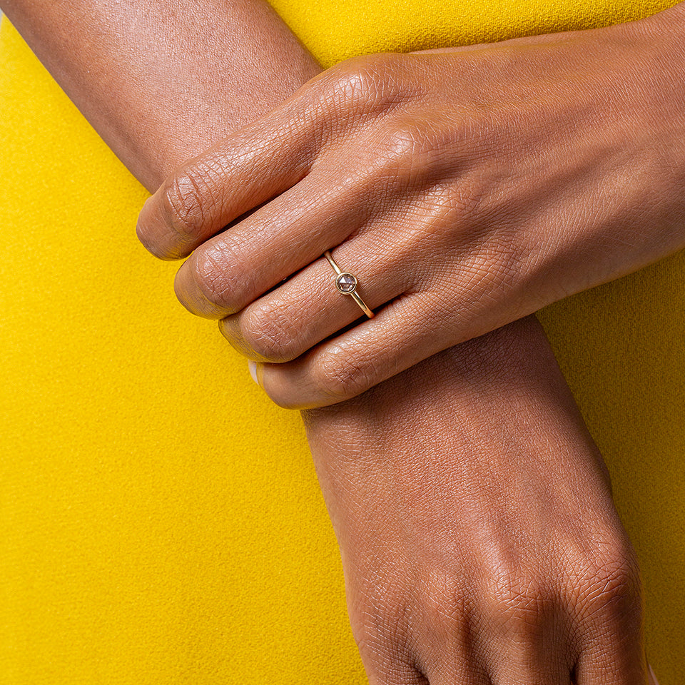 product_details::Rose Cut Champagne Diamond Ring on model.