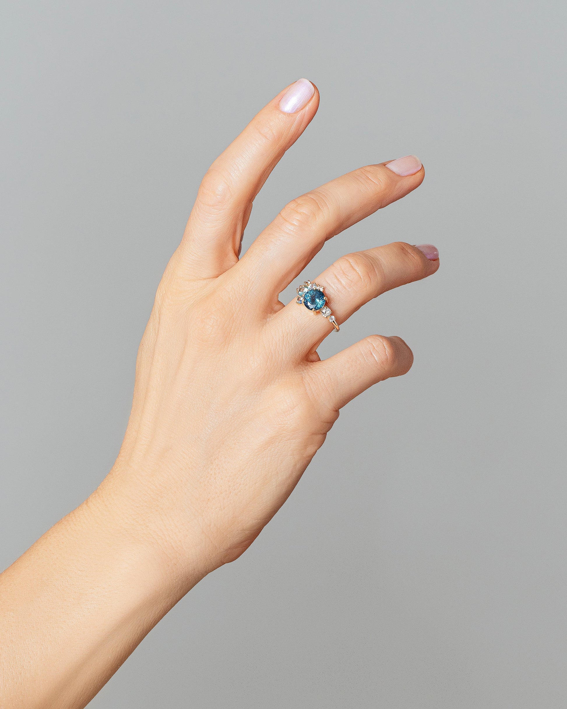 Vega Ring - Malawi Sapphire on model.