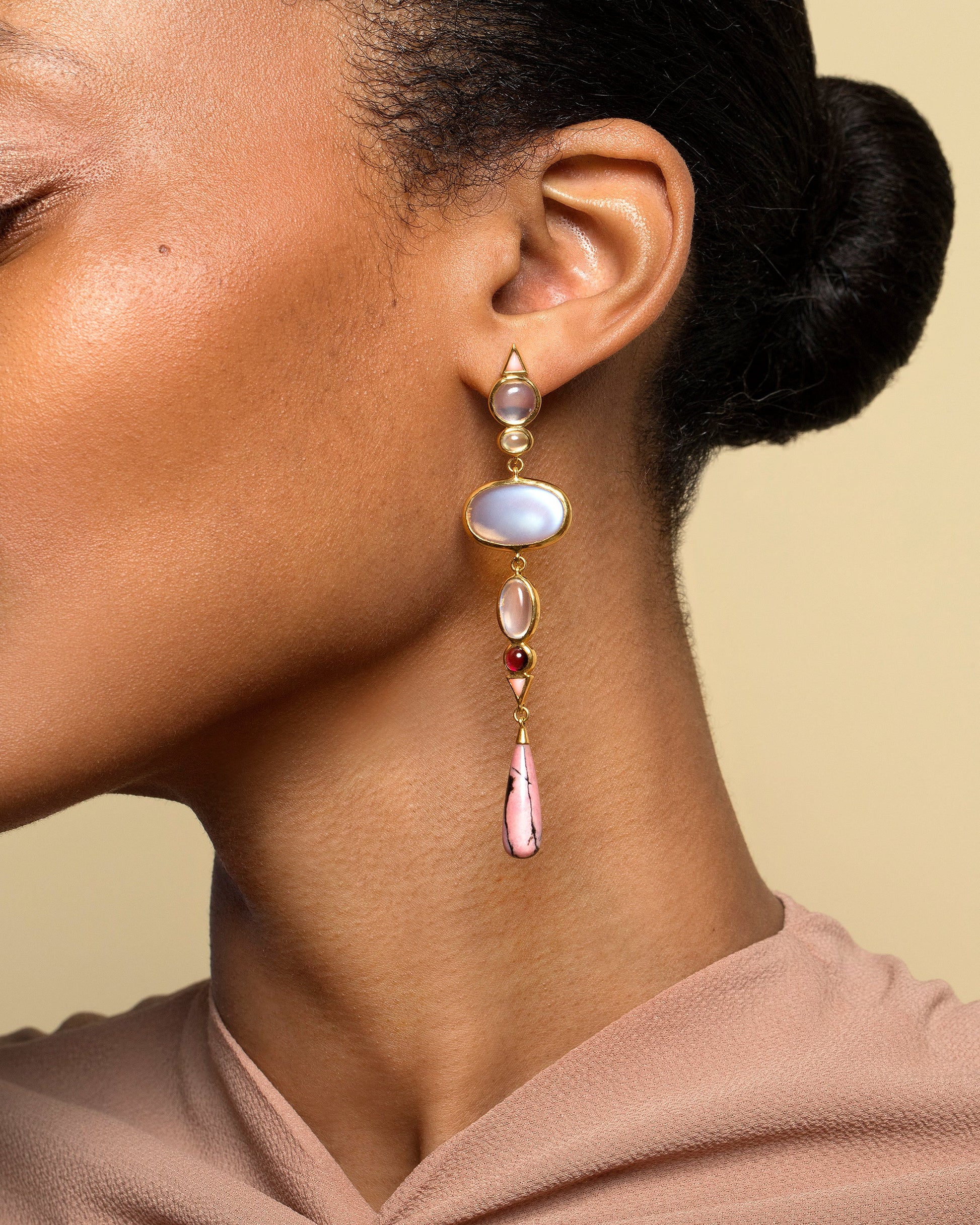 Moonstone & Alaskan Rhodolite Earrings on model.