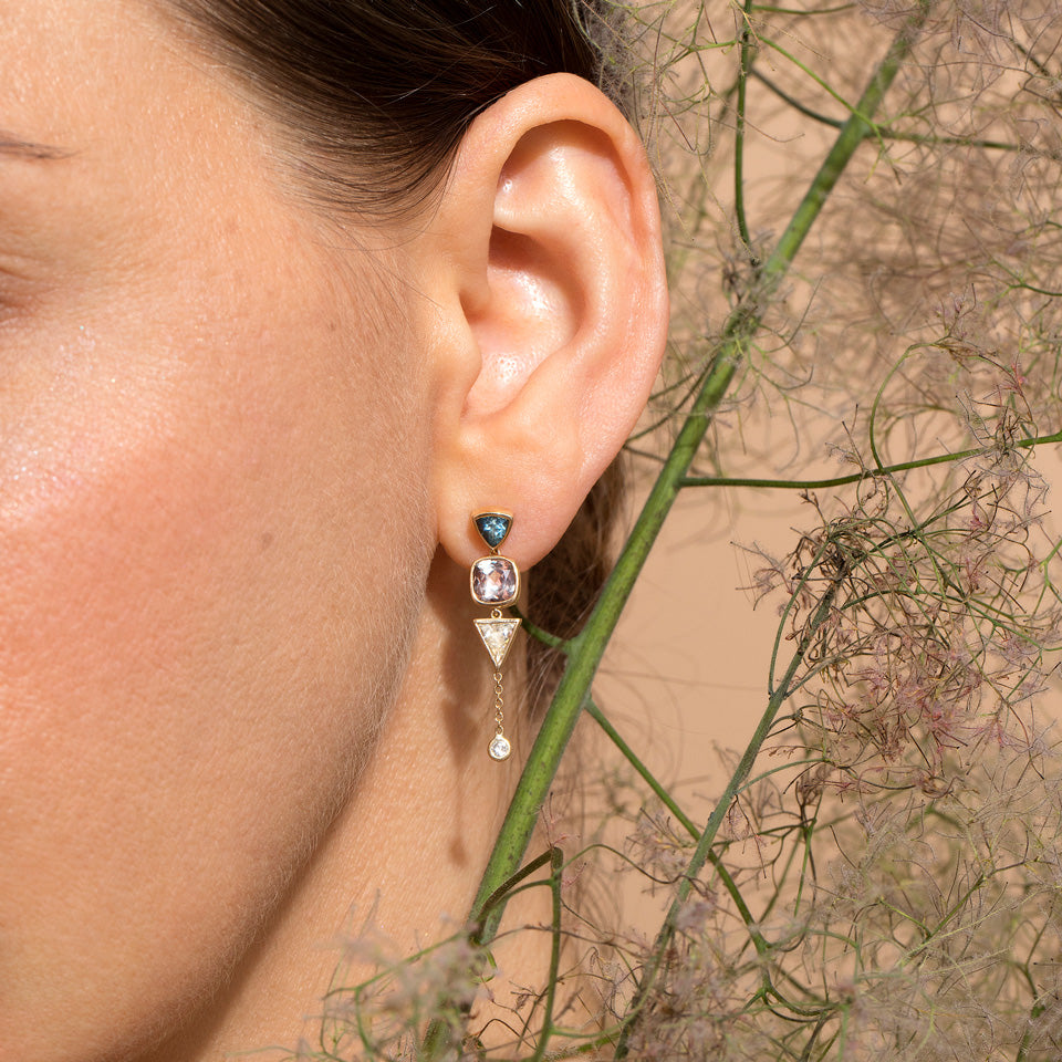 product_details::Trillion Cut Sapphire Cluster Earrings - Final Sale on model.