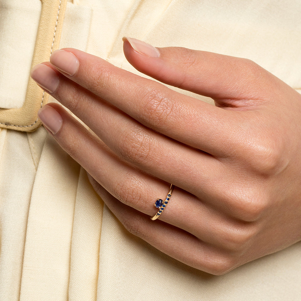 product_details::Stacked Ring - Sapphire & Black Diamond on model.
