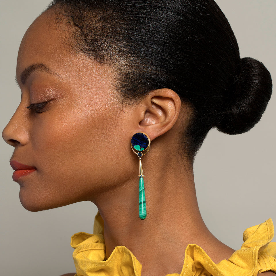 product_details::Gum Drop Azurite Malachite Earrings - Final Sale on model.