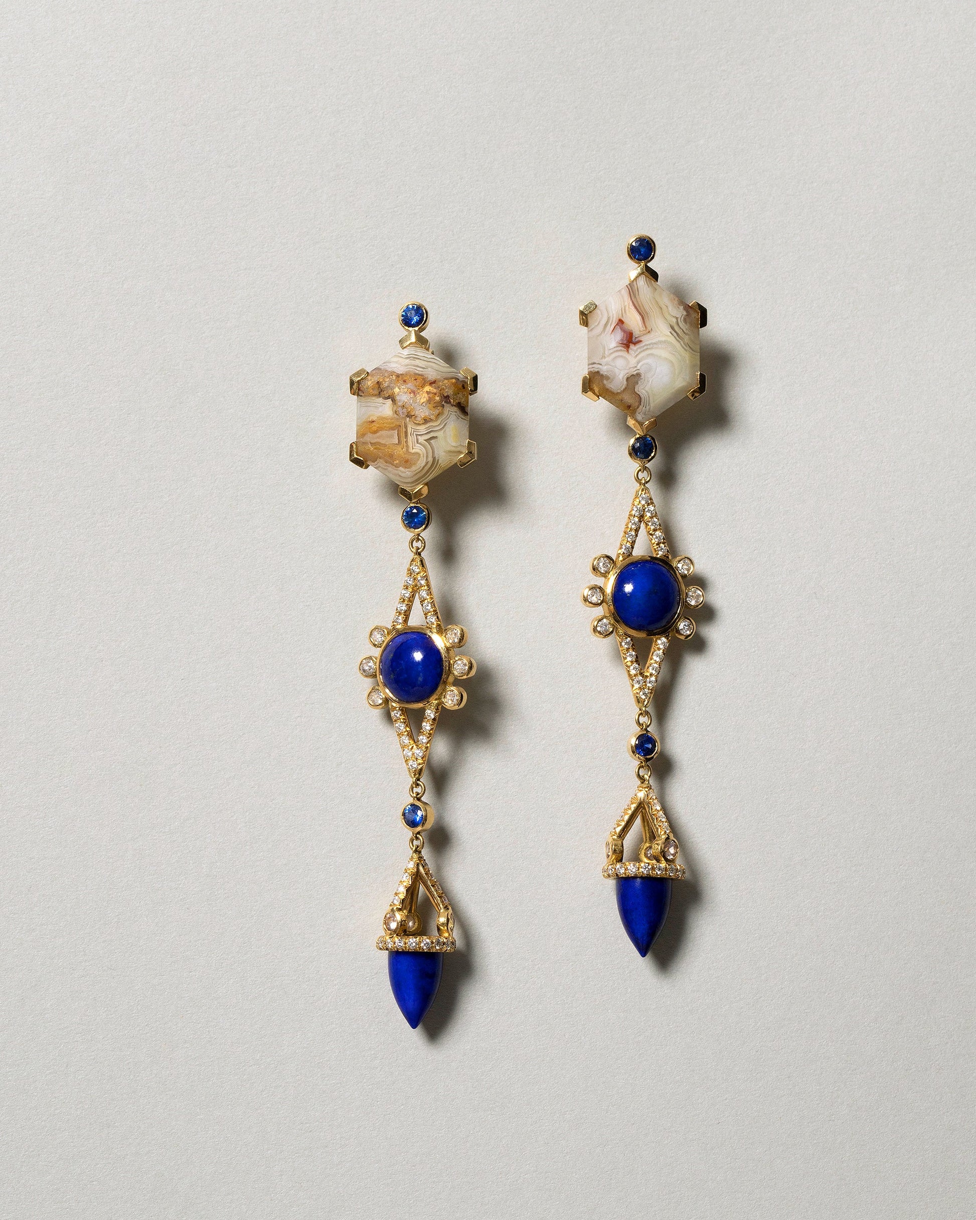  Agate & Lapis Drop Earrings on light color background.