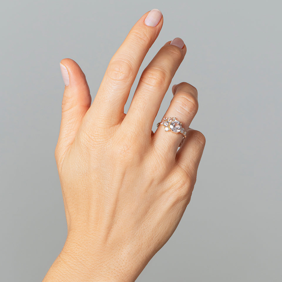 product_details::Vega Ring - Pink Sapphire on model.