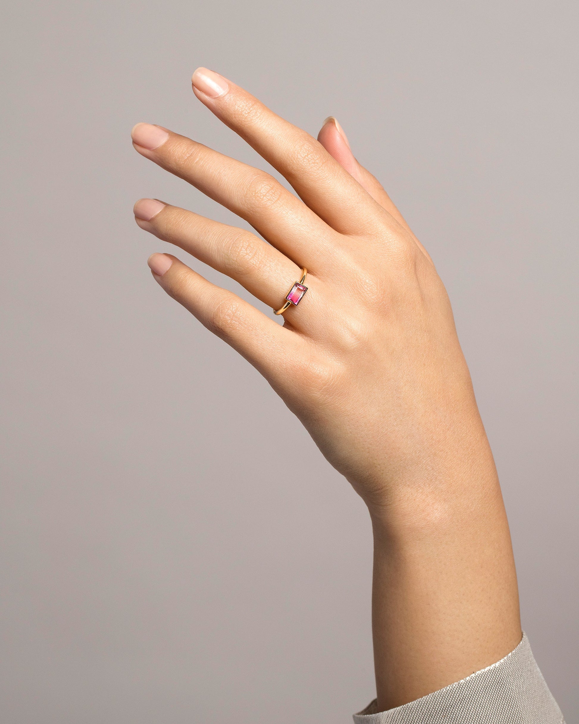 Pink & White Tourmaline Ring on model.
