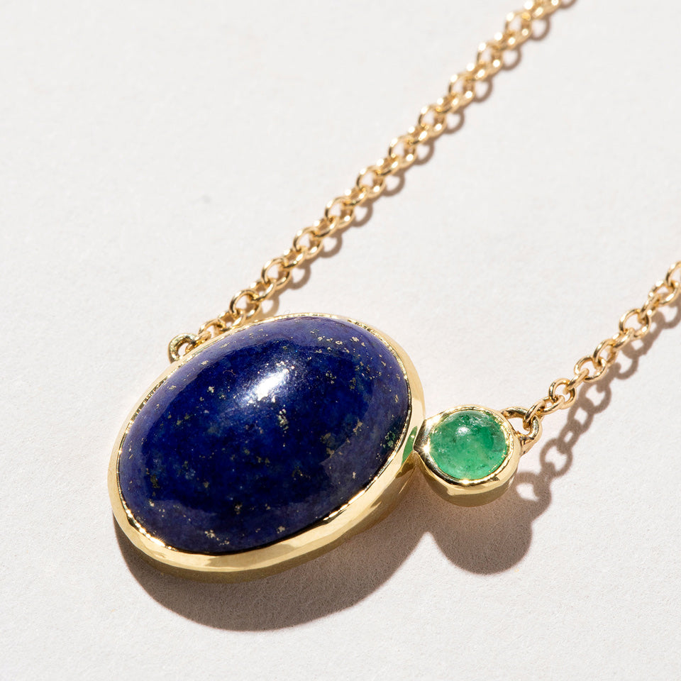 product_details:: Lapis & Emerald Pendant Necklace on light color background.