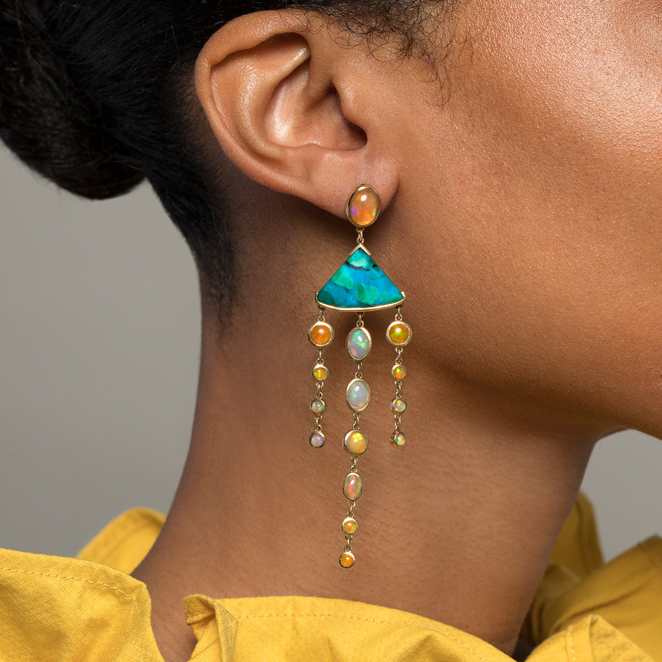 product_details::Chrysocolla & Ethiopian Opal Earrings on model.