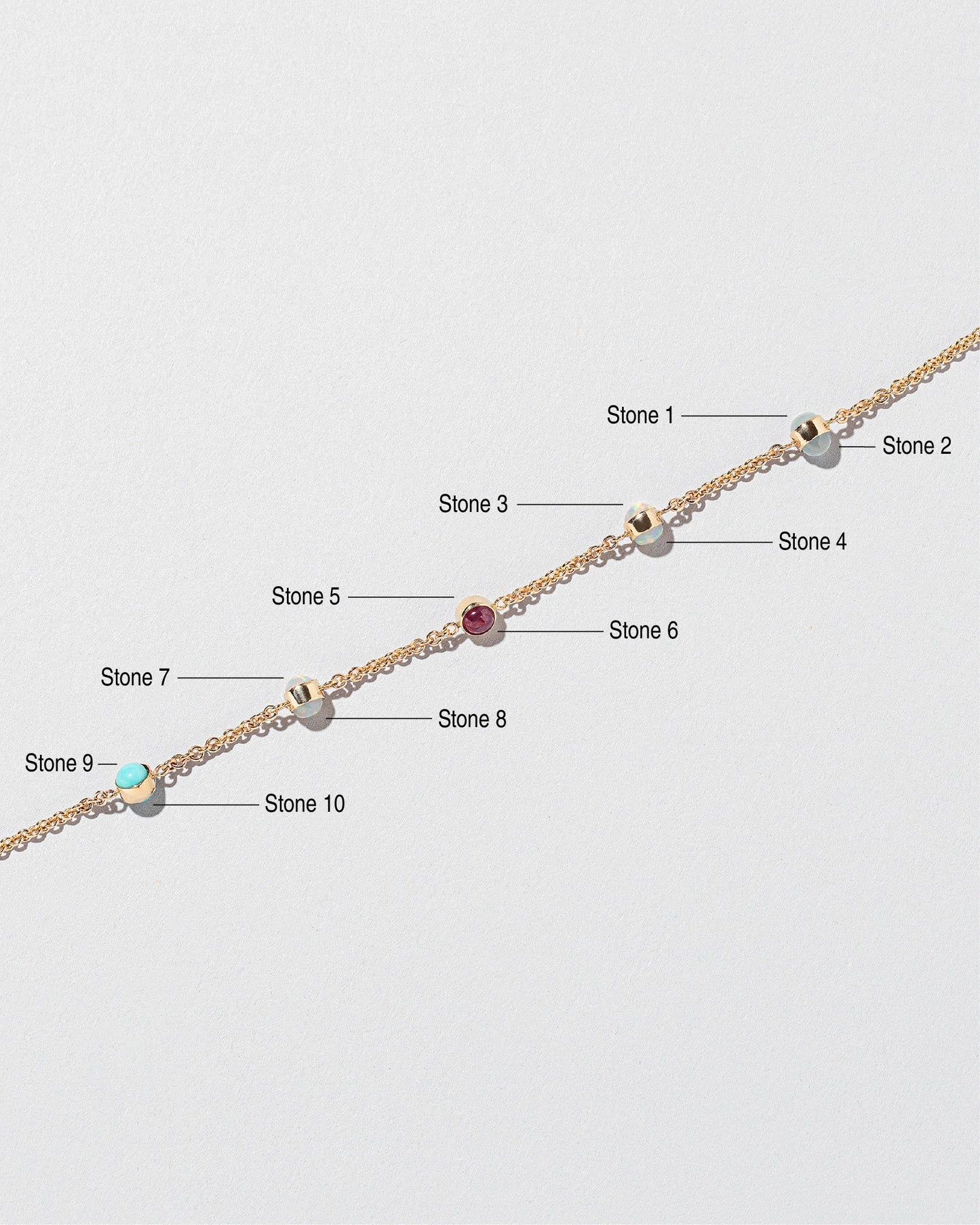  Birthstone Bracelet - Five Bezels on light color background.