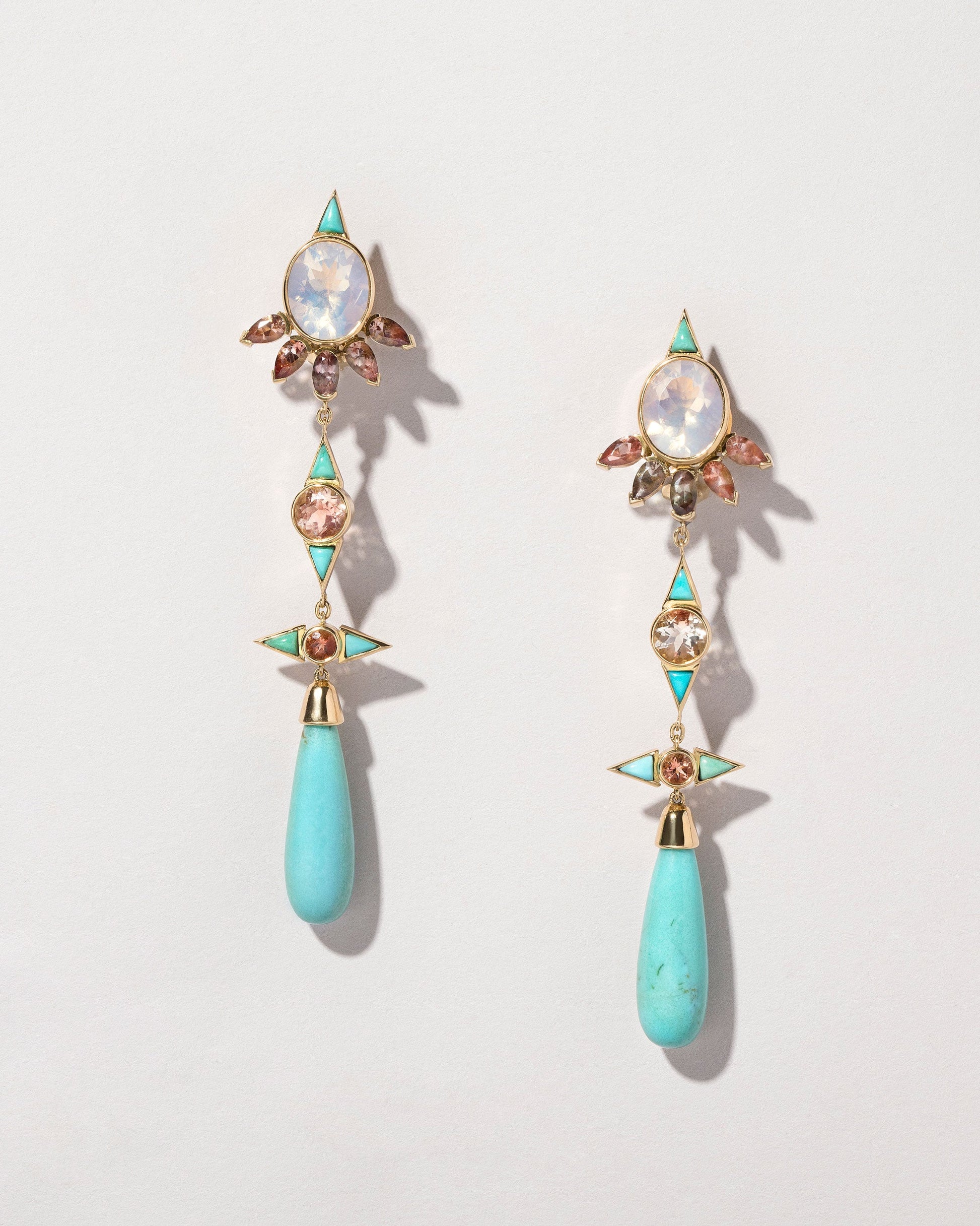  Opal, Sunstone & Turquoise Earrings on light color background.