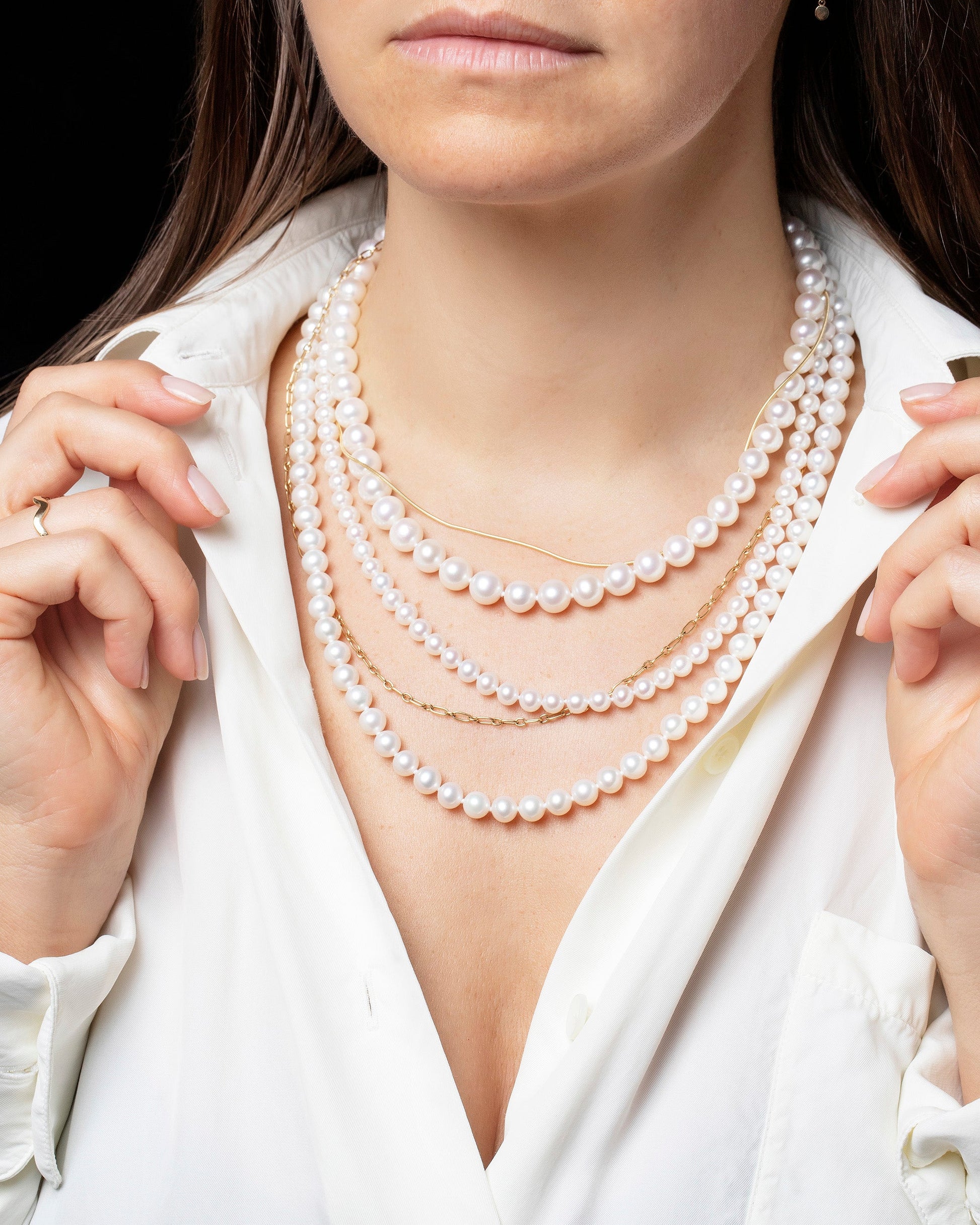Layered Pearl Necklace on model.