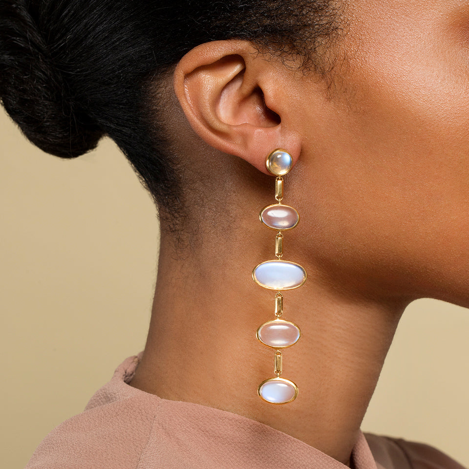 product_details::Moonstone Drop Earrings on model.