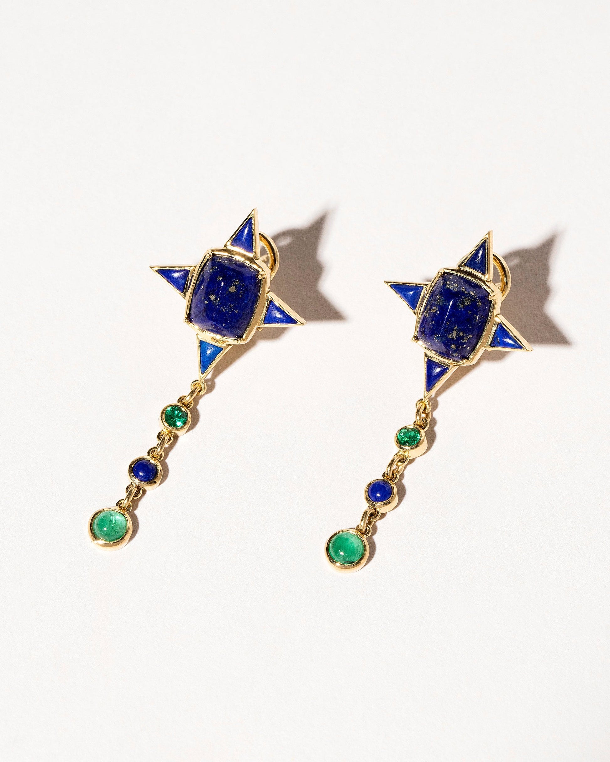  Lapis & Emerald Drop Earrings on light color background