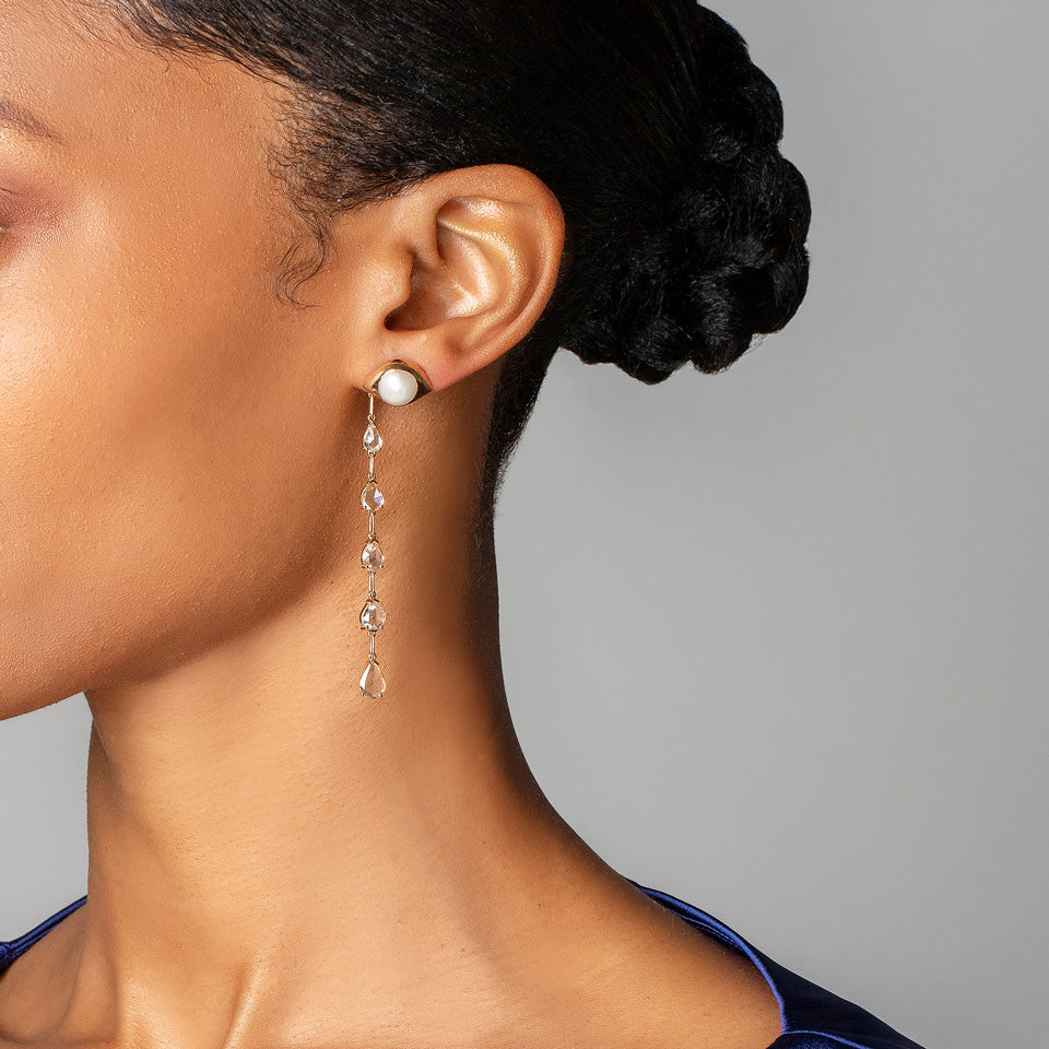 product_details::Pearl Transformation Earrings on model.