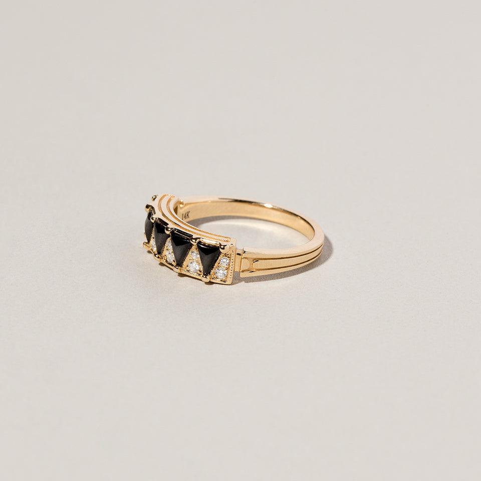 product_details:: Five Triangle Ring - Black Spinel on light color background.