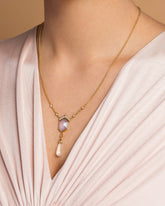 Blue Chalcedony Kite Necklace on model.