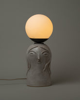 Detail image of Rami Kim Large / White Floating Penelope Table Lamp on light color background with light on.