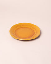 Closeup details of the La Ceramica Vincenzo Del Monaco Caramel Yellow Medium Dish on light color background.