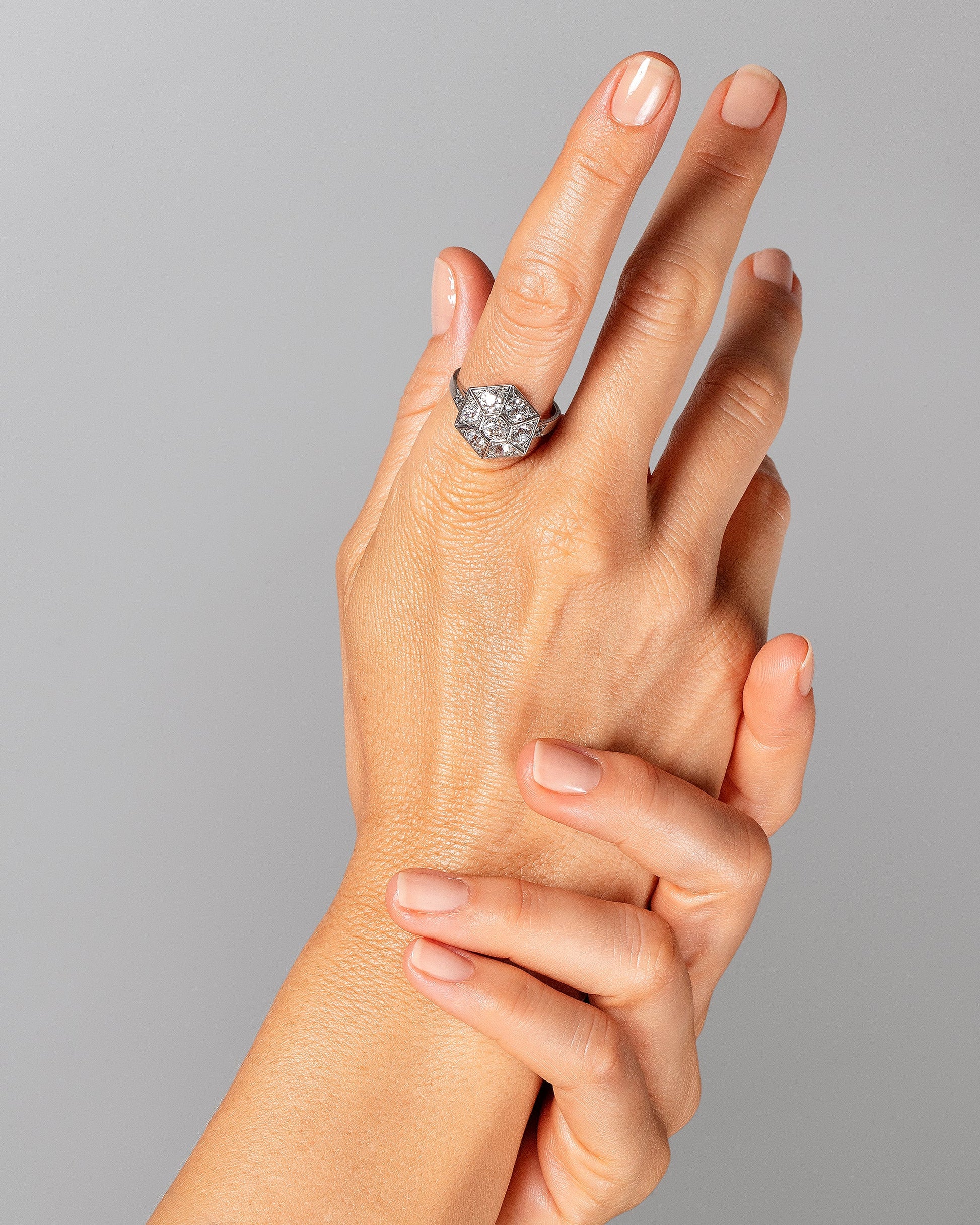 Art Deco Diamond Ring on model.