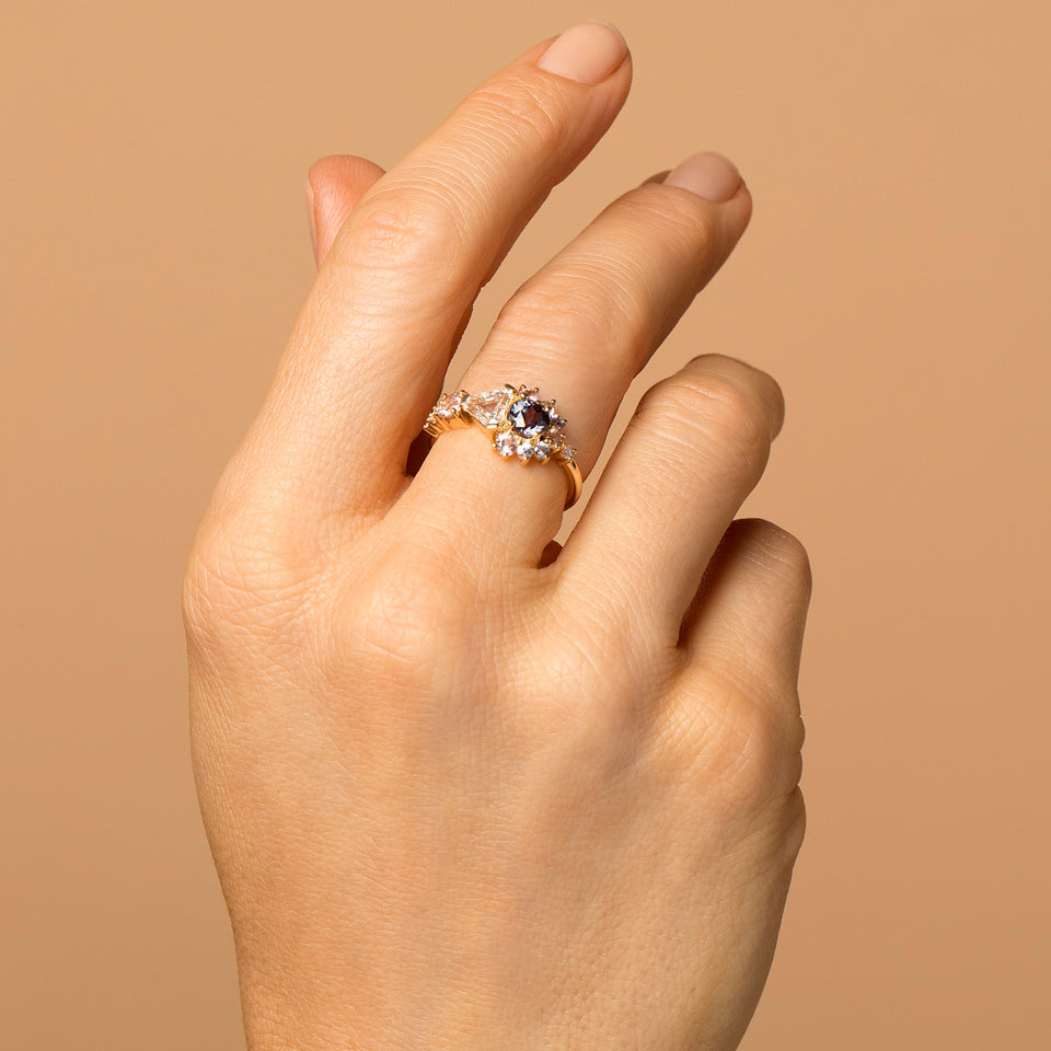product_details::Diamond, Spinel & Sapphire Cluster Ring on model.