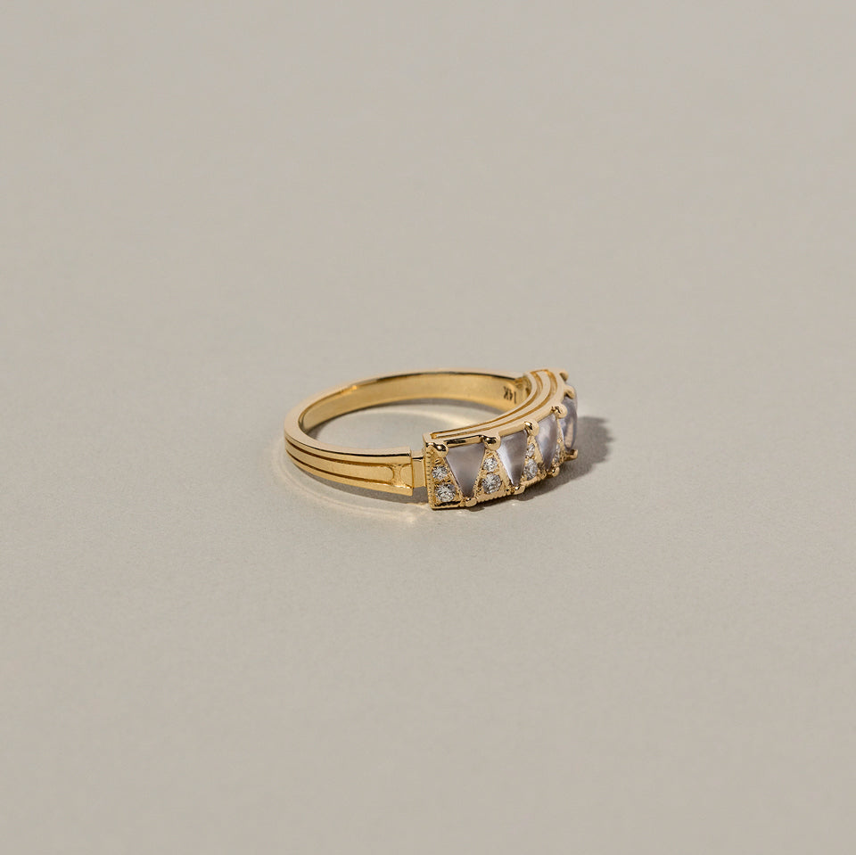 product_details:: Five Triangle Ring - Blue Chalcedony on light color background.