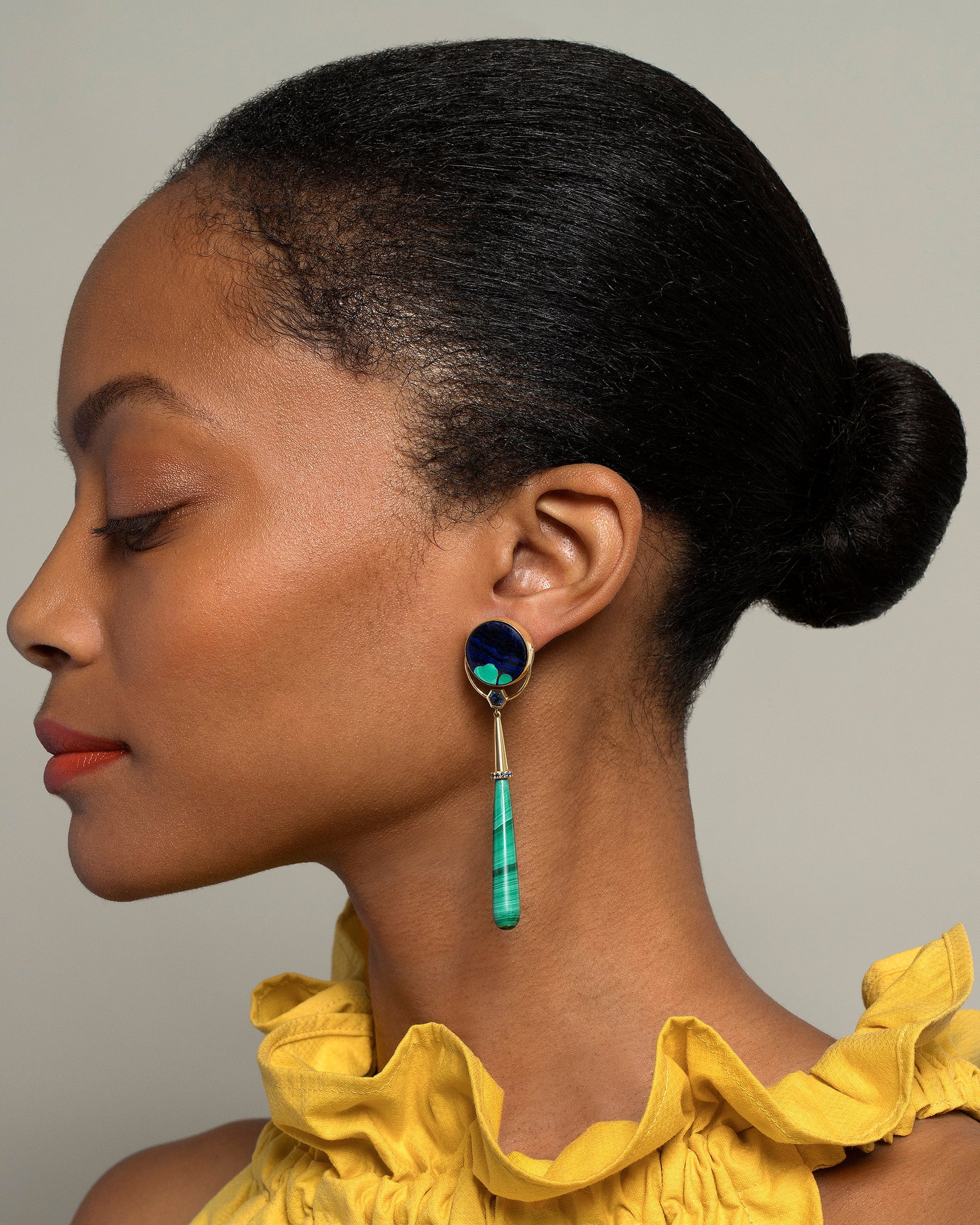 Gum Drop Azurite Malachite Earrings - Final Sale on model.