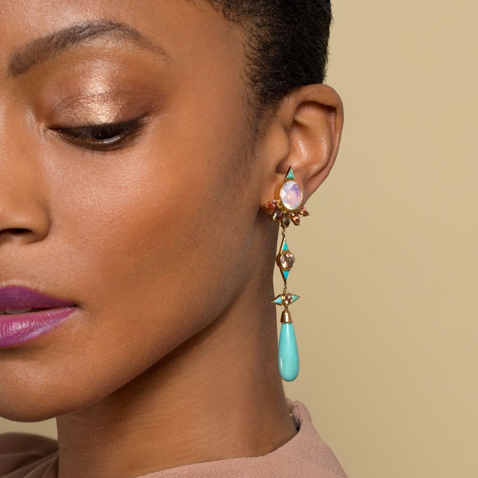 product_details::Opal, Sunstone & Turquoise Earrings on model.